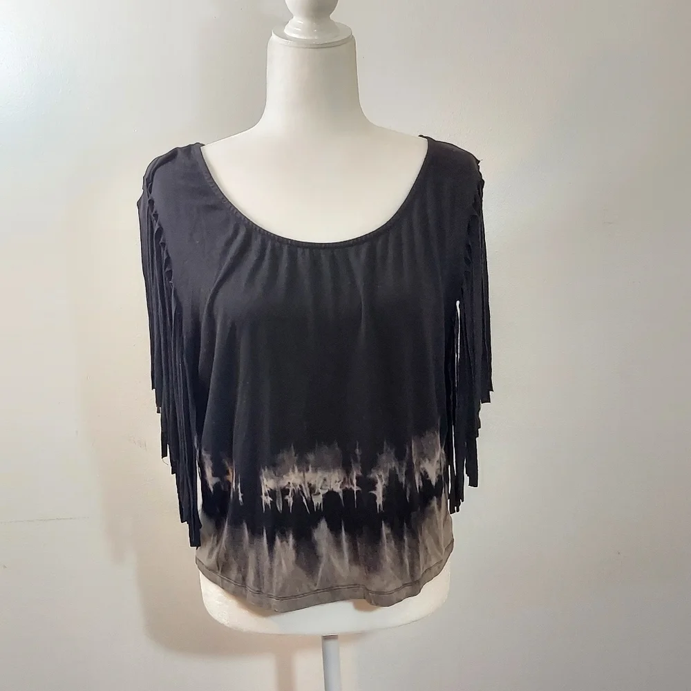 WetSeal Women's Black Tie Dye Bleached Shirt with Fun Fringe Cut Sleeves - Picture 3 of 15